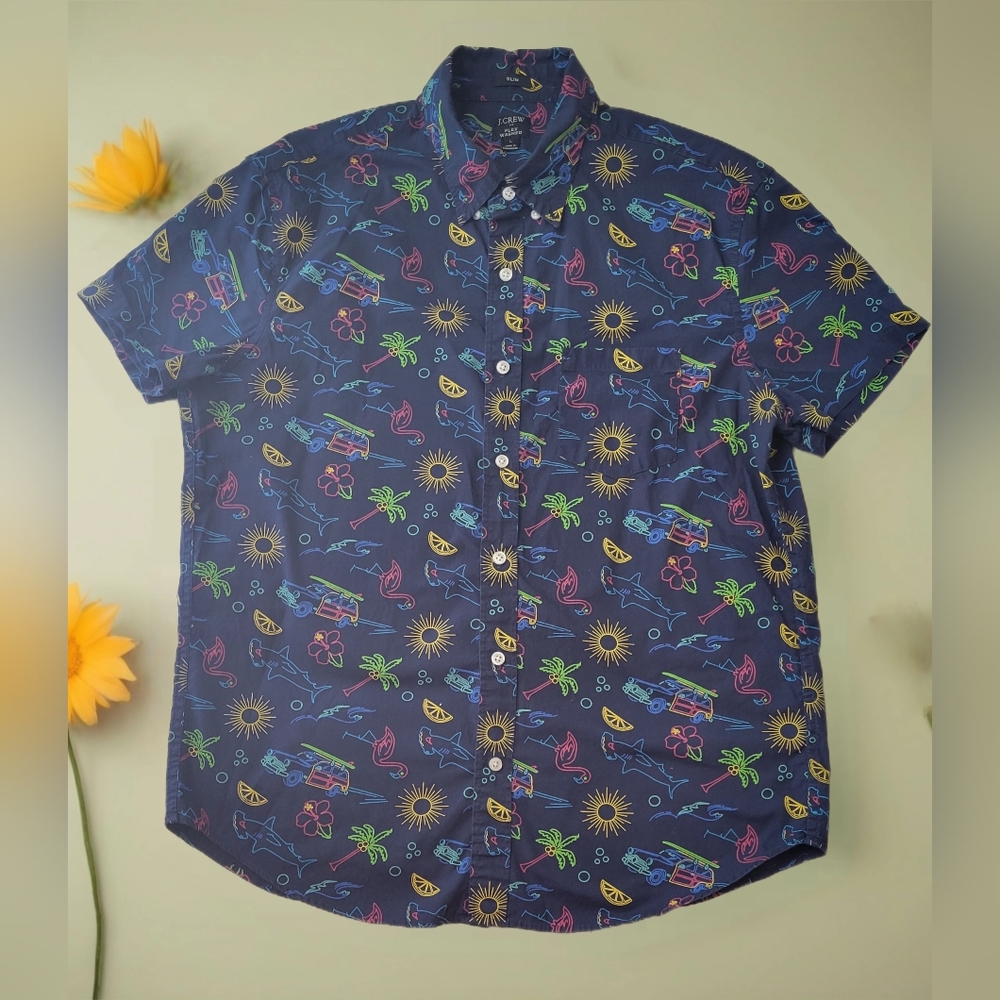 J.Crew Flex Washed Surf,Beach Printed Short Sleeve Shirt Sz L